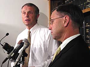 
Republican House Speaker Steve Sviggum and Democratic Senate Leader Dean Johnson on day 5 of the state government shutdown.   (MPR file photo)