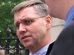 
Democrat Dean Johnson, after meeting with Pawlenty and Sviggum at the governor's mansion.  (MPR file photo)