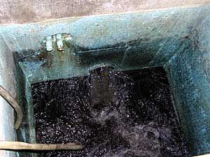 
Sludge is what is scraped off the bottom of the treatment holding tanks.  It looks like chocolate milk. (MPR Photo/Cara Hetland)