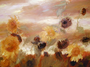 
Matthew Smith's last show at Groveland Gallery was a series of paintings of sunflowers. Unlike the cheery images normally associated with sunflowers, these seemed beaten about by the wind and sun.  (MPR Photo/Marianne Combs)