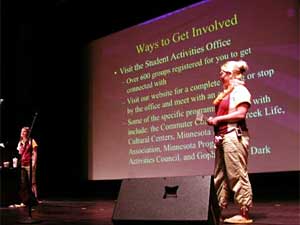 
Orientation leaders Anna Weggel and Kristin Martin are enthusiastic about student organizations. (MPR Photo/Art Hughes)