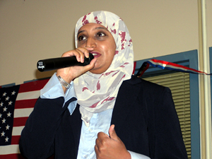 
Green Party candidate Farheen Hakeem said she's the only woman in the race and talked about her past as a community organizer.   (MPR Photo/Tom Scheck)