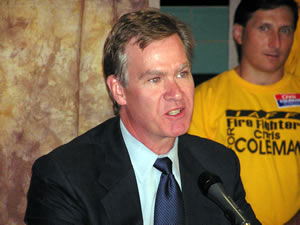
Chris Coleman, who received the DFL endorsement, says Kelly should have considered a property tax increase much sooner in his first term.  Coleman says the city's infrastructure has suffered because of a lack of funding.    
 (MPR Photo/Tom Scheck)