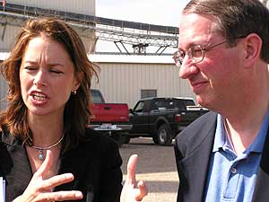 
U.S. Reps. Bob Goodlatte of Virginia and Stephanie Herseth of South Dakota tour a South Dakota ethanol plant.  Goodlatte says ethanol is "here to stay." (MPR Photo/Cara Hetland)