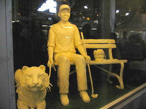 
Butter sculptures are a major attraction at the Iowa State Fair. The year's cholesterol-laden carvings included a replica of golfer Tiger Woods accompanied by a wild tiger. (Nikki Tundel)