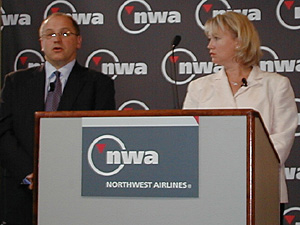
Shortly after the strike began, Northwest Executive Vice President of Operations Andy Roberts and Vice President of Labor Relations Julie Showers held a news conference at Northwest headquarters. (MPR File Photo)