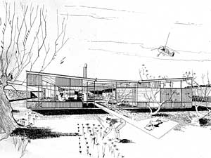 
Architect Ralph Rapson is known by many of his colleagues for taking artistic renderings of buildings to new heights. Rapson constantly played with perspective, inserted lively characters into his buildings, and gave his drawings a light touch that was unusual in the field. (Image courtesy of Rapson Architects, Inc.)