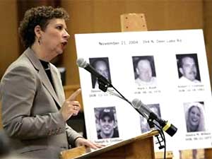 
Wisconsin Attorney General Peg Lautenschlager showed photos of the six shooting victims during her closing argument to the jury. She said Chai Vang's self-defense claim does not hold up, because he shot first. (AP Photo/Jeffrey Phelps, Pool)