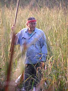 
White Earth tribal elder Earl Hoagland says fewer tribal members hand-harvest wild rice these days. He teaches children the tradition each fall. (MPR photo/Tom Robertson)