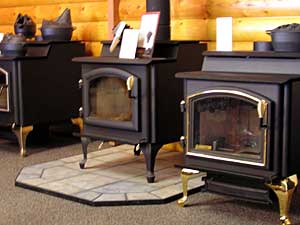 
A few of the fireplaces and stoves on display at the Fireplace Corner store in Duluth. (MPR Photo/Bob Kelleher)