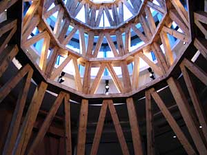 
Architect Michael Graves designed a 40-foot tall wooden structure, which was inspired by the Globe Theatre in London. This is the top of that structure. (MPR Photo/Jeff Jones)