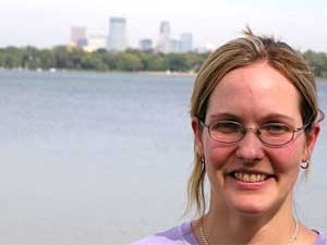 
Sara Aplikowski, the Minneapolis Park Board's water coordinator, says a cleanup effort on Lake Calhoun in Minneapolis has been successful.     (MPR Photo/Tim Post)