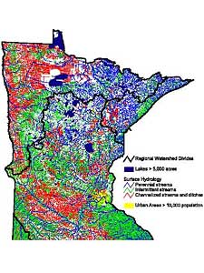 
The red in the map above shows channelized streams and ditches in Minnesota. 
 (Image courtesy of the Minnesota Department of Natural Resources)