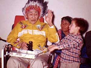 
This picture was taken in 1964, when Everlasting Sky was said to be celebrating his 120th birthday. He's pictured with his great-grandson, Don Kakaygeesick. Everlasting Sky died four years later. (Submitted photo courtesy of Don Kakaygeesick)