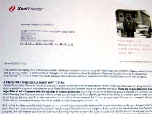 
The Xcel Energy letter says its fixed monthly gas payment will help customers with their budget planning.  (MPR Photo/Melanie Sommer)