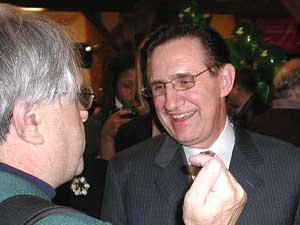 
Mayor Randy Kelly shares a light moment with a supporter at his election night gathering.  (MPR Photo/William Wilcoxen)