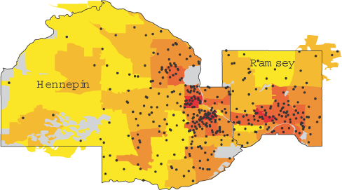 Map of Hennepin and Ramsey counties