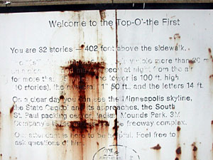 
A monument at the top of the building is now ill-kept and hardly readable. It once served as an information marker for an observation deck. (MPR Photo/William Wilcoxen)
