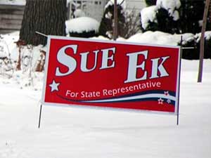 
This campaign sign for Sue Ek was still standing in the St. Cloud area Tuesday morning, even though Ek was disqualified from the race. Her mother, Kay Ek, will run instead as a write-in candidate. (MPR Photo/Tim Post)