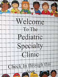 
This sign welcomes visitors to the International Adoption Clinic. (MPR Photo/Greta Cunningham)