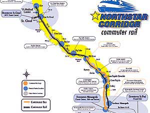 
The proposed route for the Northstar commuter rail line, from Minneapolis to St. Cloud. Gov. Pawlenty has proposed $60 million in his bonding proposal to complete the rail line.   (Image courtesy of Northstar Corridor Development Authority)