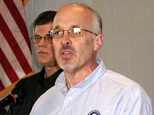 
United Autoworkers Union local union president Rob McKenzie said workers are glad the St. Paul Ford assembly plant will remain open, at least for the near future. "Nervousness is
better than a sense of despair," he said.  (MPR Photo/Marisa Helms)