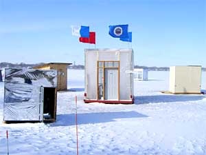 
More than 60 artists have collaborated on the installation of more than 20 "Art Shanties" on Medecine Lake in Plymouth.
 (MPR Photo/Tom Crann)