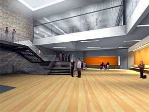 
Inside the atrium of the proposed Minnesota Shubert Performing Arts and Education Center. If bonding money is approved, construction will begin immediately on the project, which would then open in the fall of 2008. (Image courtesy of Artspace)