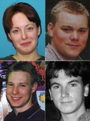 Las cuatro personas desaparecidas son, en el sentido de las agujas del reloj desde la parte superior izquierda, Erika Dalquist, 21, Chris Jenkins, 21, Michael Noll, 22 y Josh Guimond, 20. (Fotos cortesía de los sitios web de búsqueda y UW-Eau Claire)